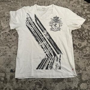 Express White V‑Neck Tee with Black Graphic Crest